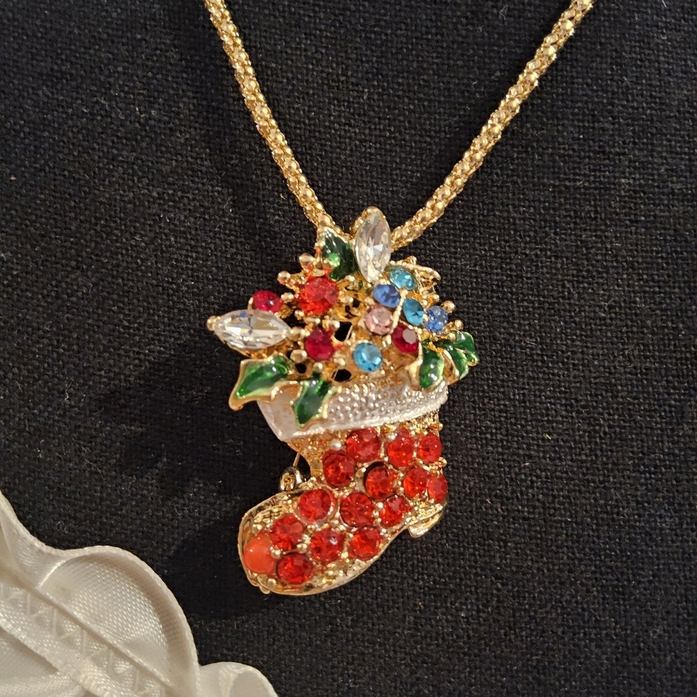 Gold Christmas Stocking Necklace with Colorful Gems - Picture 1 of 3
